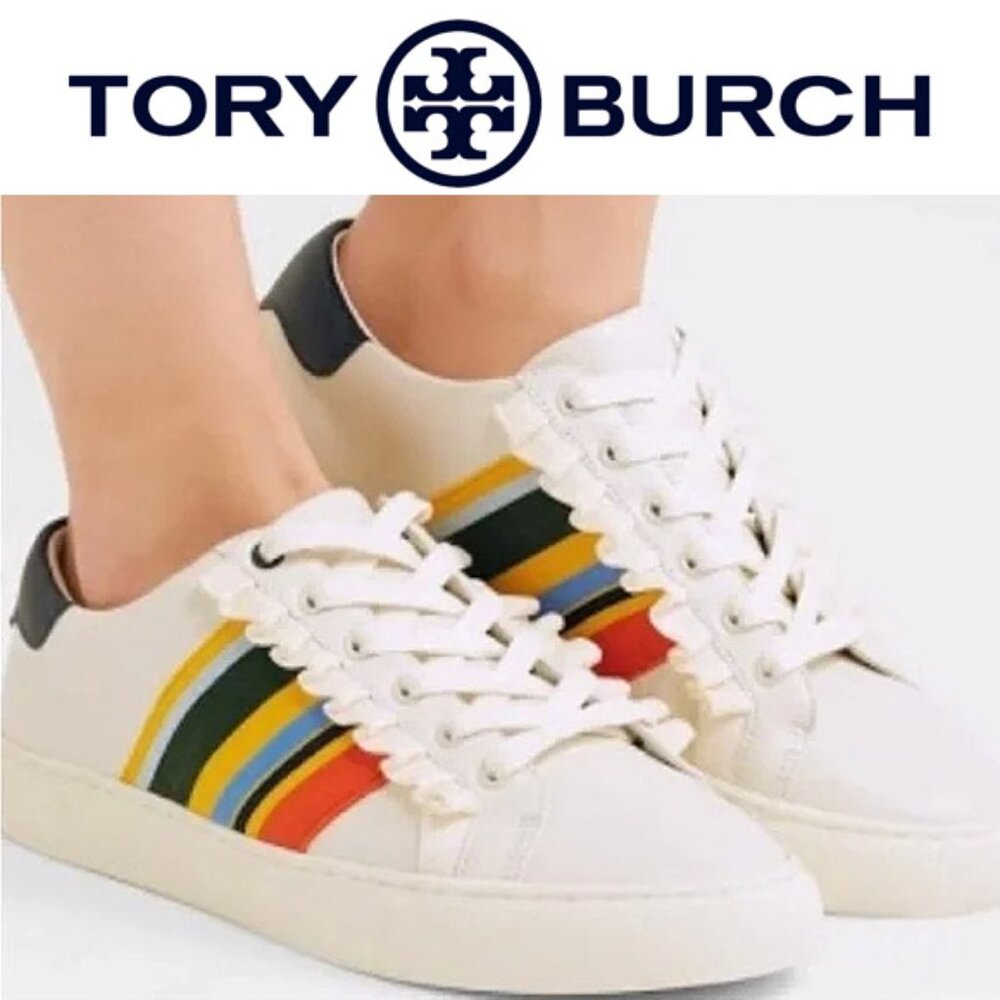 Tory Burch Sport Ruffled Rainbow Striped Leather Sneakers Size 9.5 Preppy $228